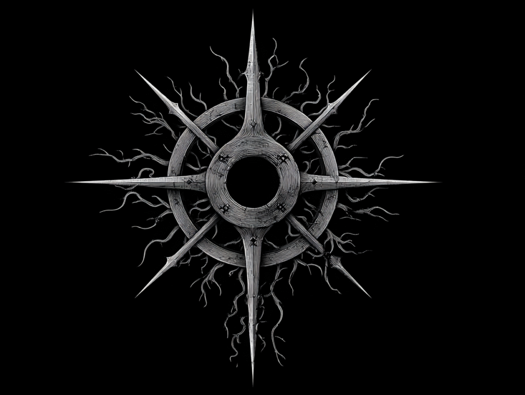 Occult chaos symbol with spiked circular design and branching roots, representing tarot archetypes and transformation on TarotAndChaos.com