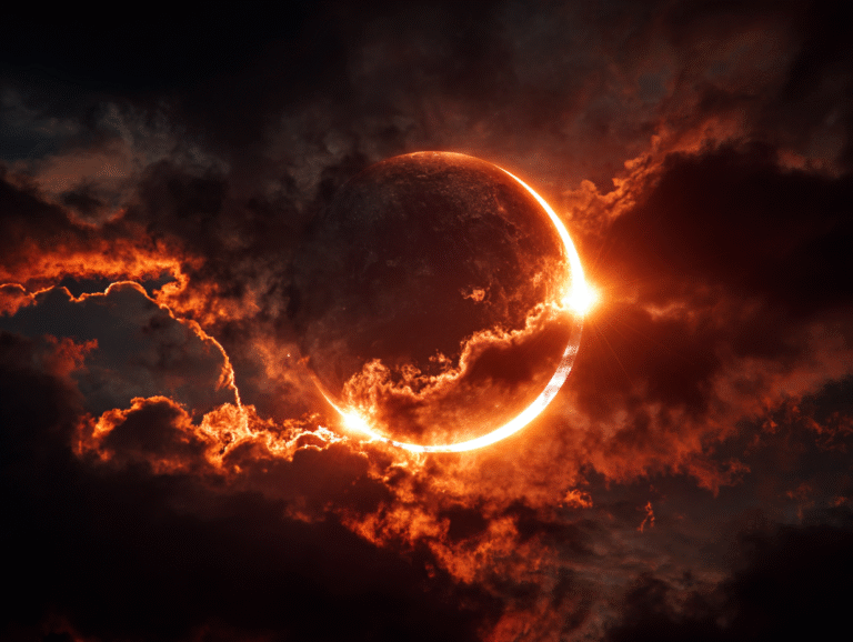 Solar eclipse with sun and moon overlapping in fiery clouds, symbolizing tarot shadow work and integration of light and darkness