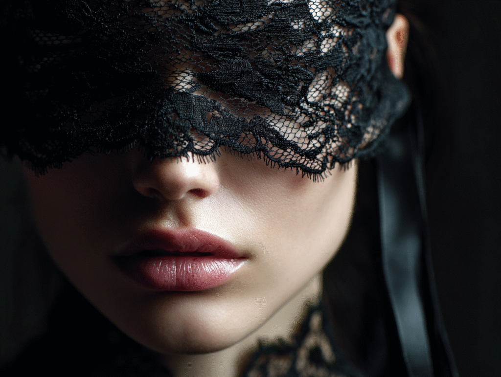 Close-up of woman wearing black lace blindfold, symbolizing hidden self, mystery, and shadow work in tarot with subtle erotic undertones