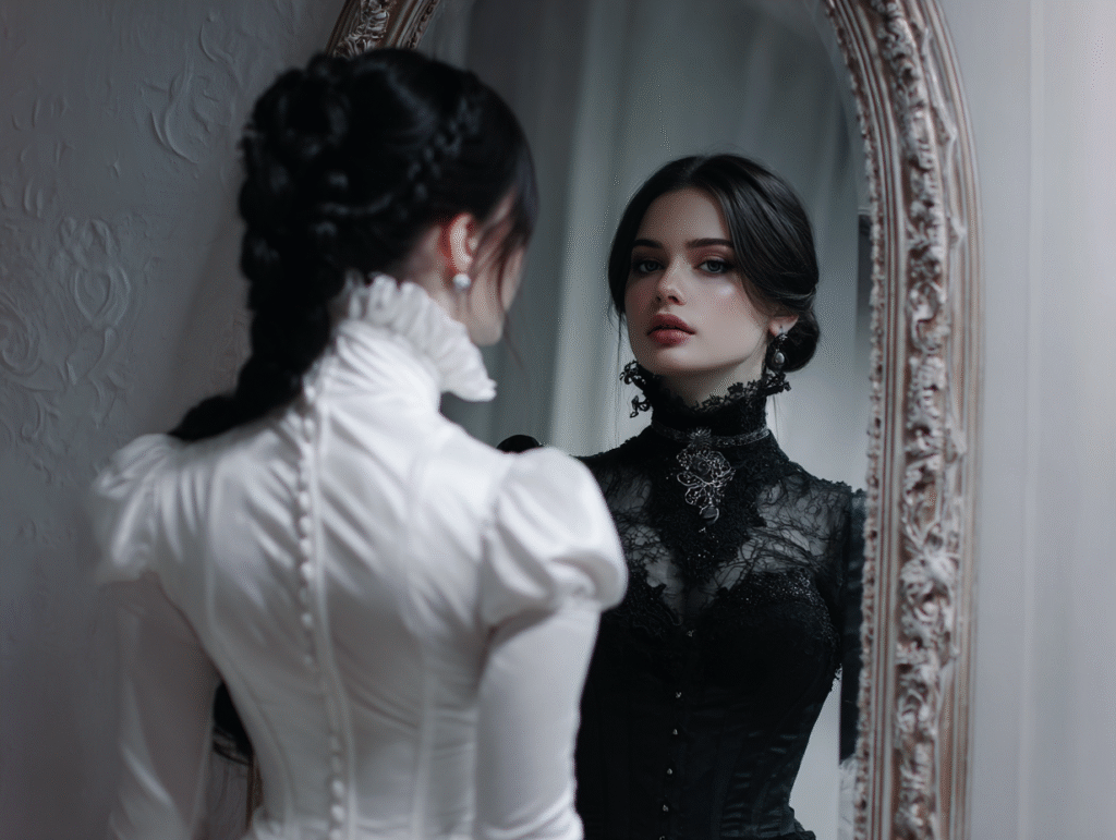 Woman in white dress gazing into a mirror showing her reflection in black lace, symbolizing tarot eroticism, ritual, transformation, and hidden desire