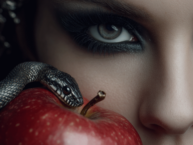 Close-up of a woman with dark eye makeup holding an apple with a snake wrapped around it, symbolizing tarot eroticism, desire, temptation, and archetypal power