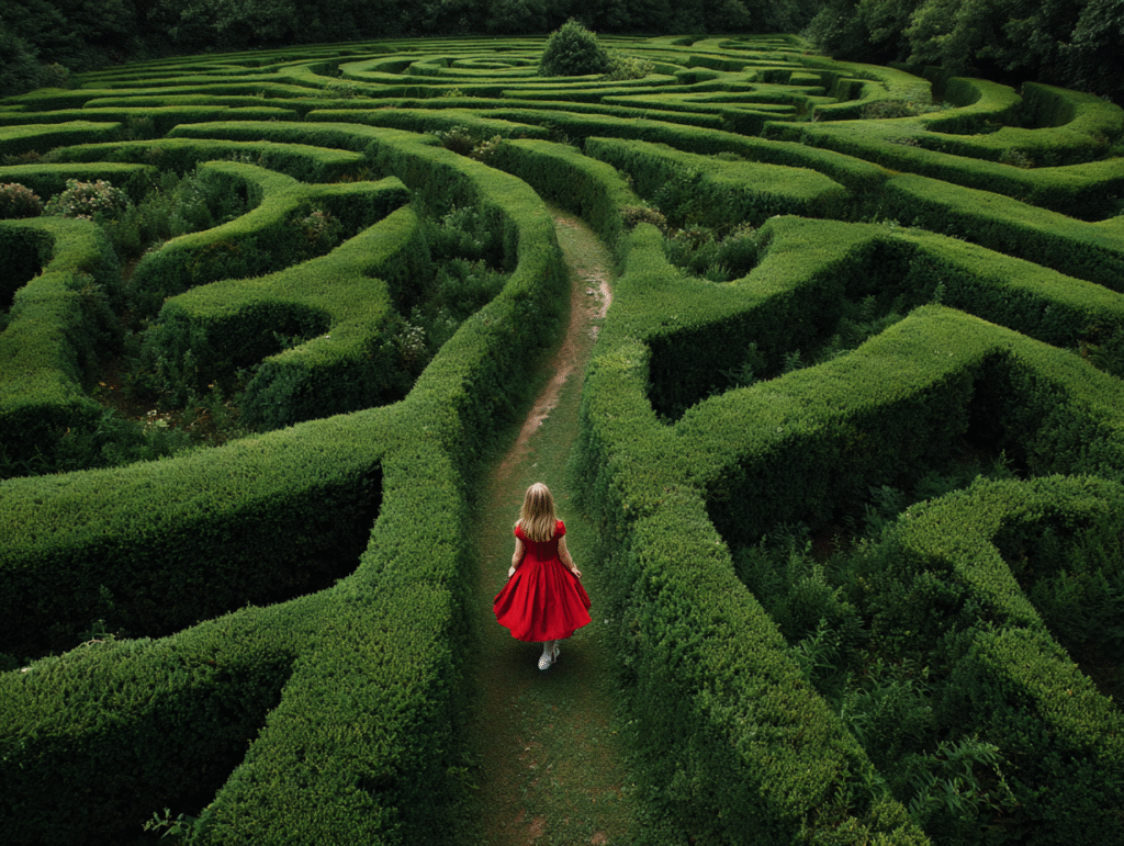 Woman in a red dress walking through a green labyrinth, symbolizing the journey of tarot beyond fortune-telling toward self-discovery and inner freedom