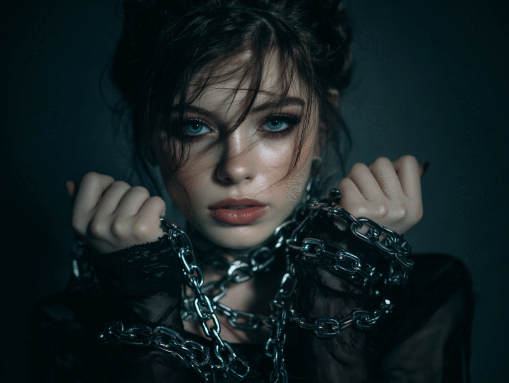 Gothic woman entangled in chains looking forward, symbolizing tarot as a path of freedom, breaking fate, and confronting inner limitations