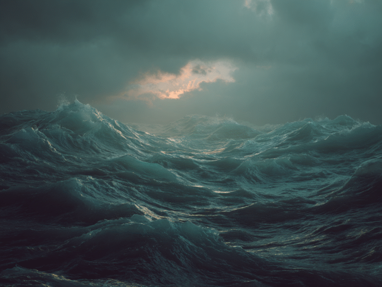 Dark stormy ocean waves under heavy clouds, symbolizing the unconscious mind and shadow work in tarot and Jungian psychology