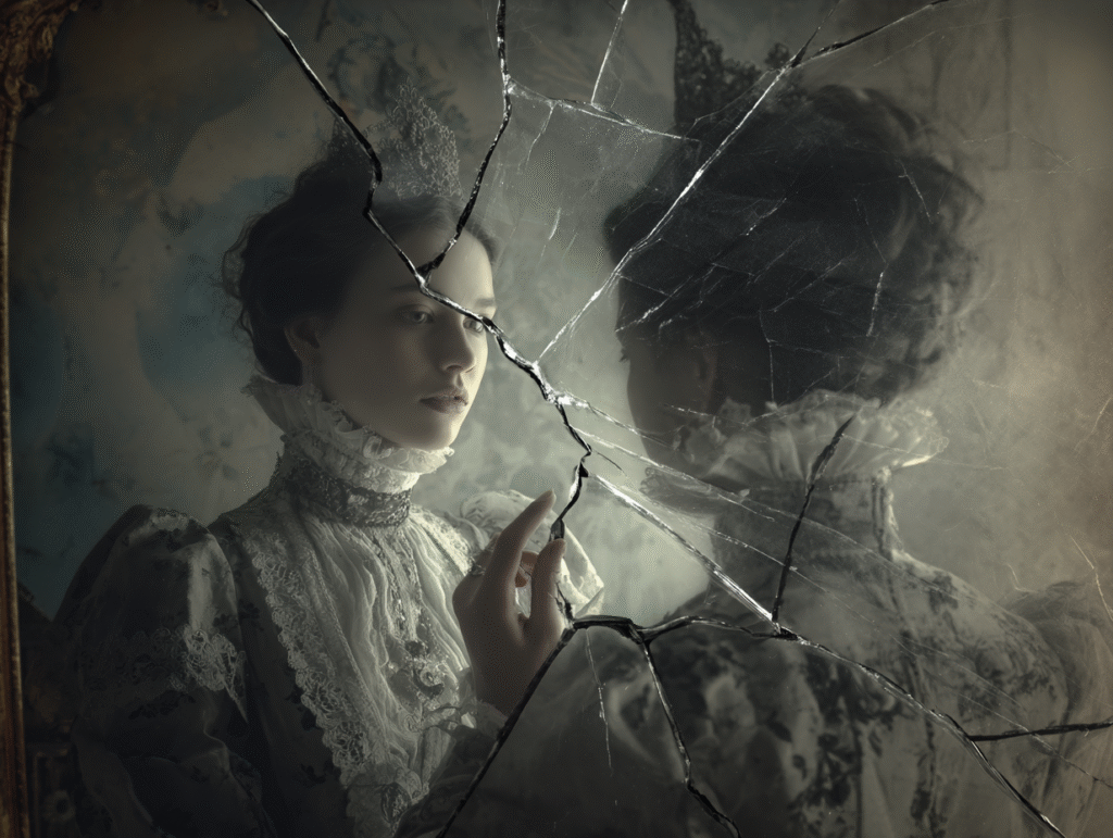 Woman in vintage dress reflected in a cracked mirror, symbolizing the tarot shadow dimension, fractured self, and Jungian archetypes
